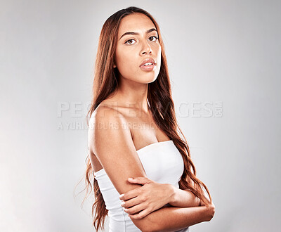 Buy stock photo Face, beauty and portrait of woman for skincare, hair care and cosmetics with smile in studio. Headshot of aesthetic model person with mockup space for shampoo growth and shine or dermatology glow