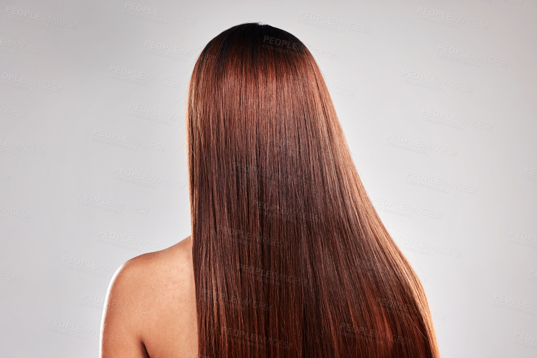 Buy stock photo Hair care, health and beauty of girl with texture shine and smooth keratin style of people. Glossy aesthetic and glow treatment of person back view at isolated studio gray background.

