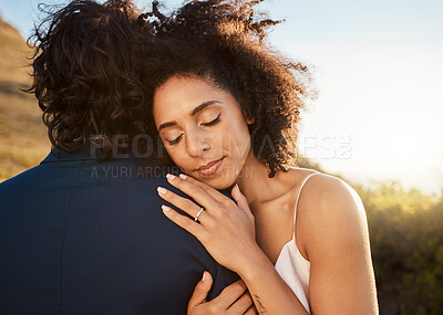 Buy stock photo Wedding, bride and groom hug at sunset with embrace together for care, love and support in married life. Marriage, black woman and man at romantic marriage event in Cape Town, South Africa nature.