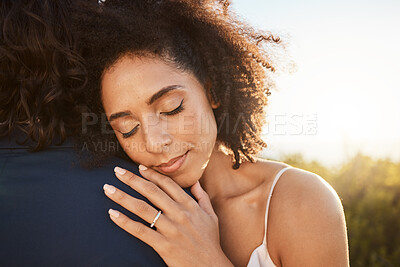 Buy stock photo Wedding, bride and hug at sunset with embrace together for care, love and support in married life. Marriage of happy black woman hugging man in romance for commitment embracing relationship in nature