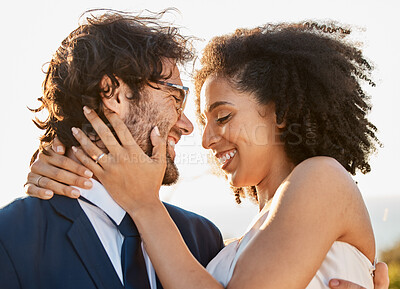 Buy stock photo Wedding, hug and marriage of a interracial couple in nature happy about trust and commitment. Outdoor marriage, sea and mock up with happiness and smile of bride and man in a suit at a event