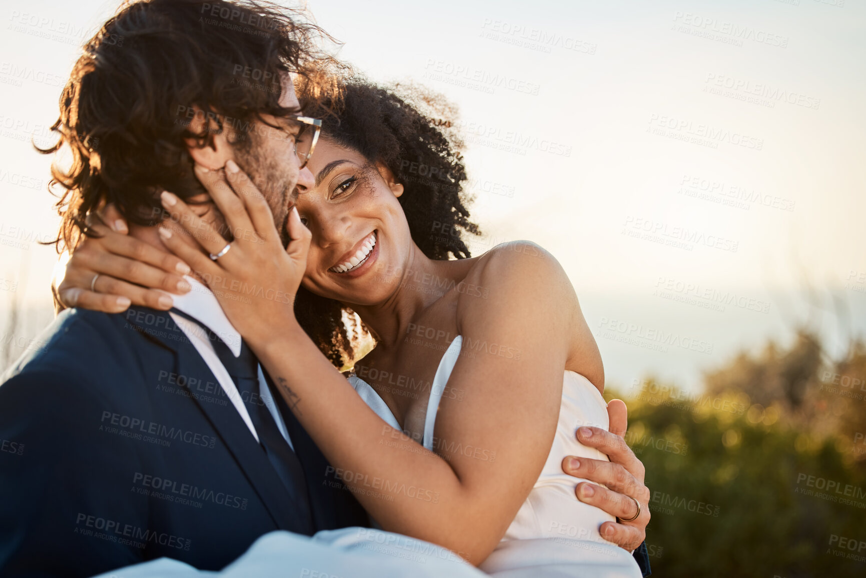 Buy stock photo Wedding, marriage and love in nature of a interracial couple happy about trust and commitment. Outdoor, sea and mock up with happiness and smile of bride and man in a suit at a partnership event