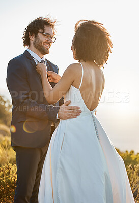 Buy stock photo Wedding, nature and couple on mountain for marriage ceremony, commitment and celebration. Trust, love and interracial bride and groom loving, happy and smile ready for romance, bonding and affection