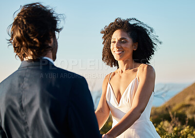 Buy stock photo Wedding, smile and couple holding hands at beach in Hawaii on special day in summer. Love, romance and groom groom happy bride in luxury designer dress at outdoor marriage ceremony on tropical island