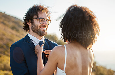 Buy stock photo Love, wedding or a couple of friends in a park after a romantic celebration in an interracial marriage. Sunset, black woman and happy man enjoy a peaceful memory or commitment as bride and groom