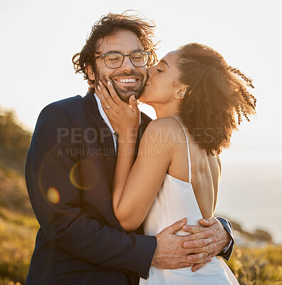 Buy stock photo Love, kiss and wedding with couple in nature for celebration, happiness and romance. Sunset, hug and affectionate with man and woman in embrace at countryside for happy, marriage and smile together