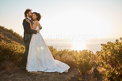 Buy stock photo Mountain, wedding or a couple of friends hug in a romantic celebration in an interracial marriage. Sunset, black woman and happy man enjoy a lovely memory or commitment as bride and groom together 