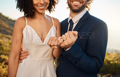 Buy stock photo Pink promise, marriage and wedding couple hands together outdoor for trust, love and care. Support, solidarity and agreement in nature at intimate celebration with bride and man feeling happy