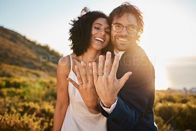 Buy stock photo Ring, wedding or a couple of friends in nature on a romantic celebration in an interracial marriage. Hands, black woman or happy man smile with pride as bride and groom celebrate together at sunset