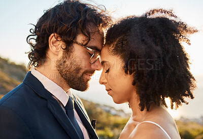 Buy stock photo Wedding hug, interracial couple and love of people outdoor in nature for marriage and save the date. Prayer, celebration and bride with man for commitment, care and pray together feeling calm