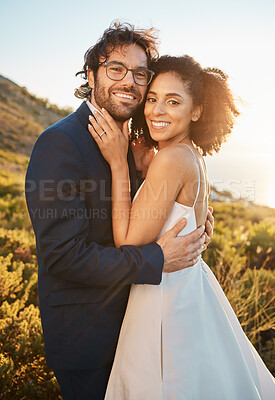 Buy stock photo Portrait, interracial and bride with groom for wedding at sunset in nature, hug and celebrate love and relationship. Face, couple and marriage by black woman and man smile, hug and happy