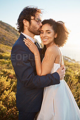 Buy stock photo Love, wedding or couple kiss in countryside or nature in a happy celebration or interracial marriage. Embrace, black woman or romantic man hugging in a commitment as bride and groom with joyful trust