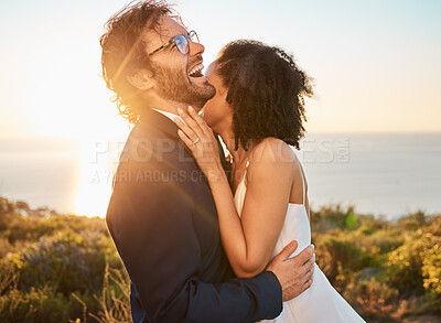 Buy stock photo Love, happy and wedding with couple in nature for celebration, happiness and romance. Sunset, hug and affectionate with man and woman in embrace at countryside for ceremony, marriage and smile