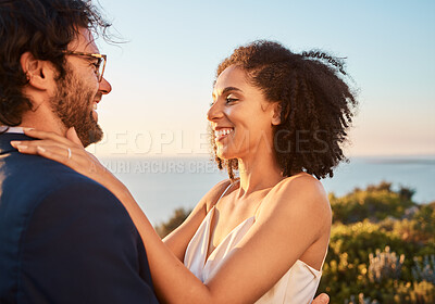 Buy stock photo Love, happy and wedding with couple in nature for celebration, happiness and romance. Sunset, hug and affectionate with man and woman in embrace at countryside for ceremony, marriage and smile