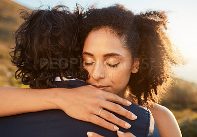 Buy stock photo Wedding, black woman and man hug at sunset together for care, love and support for married life. Romantic, commitment and marriage event of young people in Cape Town, South Africa nature.