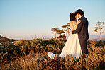 Prayer, wedding couple and hug in nature with mock up of marriage celebration in Africa outdoor. Commitment, save the date and love with bride, man and calm embrace with blue sky together in union