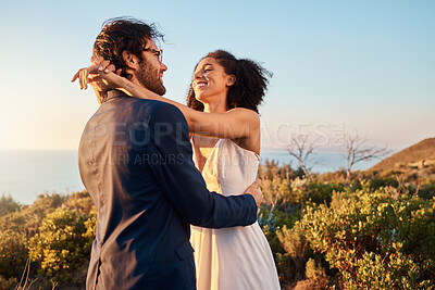 Buy stock photo Love, wedding and bride with groom smile on mountain for marriage ceremony, commitment and celebration. Trust, happy and interracial couple relax on romantic holiday, honeymoon and vacation by ocean
