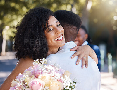 Buy stock photo Wedding, couple and outdoor marriage celebration event for bride and groom together with commitment. Happy married man and woman at ceremony with trust, partnership and a hug with flower bouquet