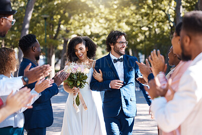 Buy stock photo Happy celebration and clapping for couple at wedding  with excited, joyful and cheerful crowd of guests. Interracial love and partnership of people at marriage event with applause and smile