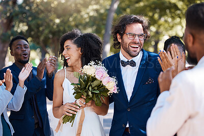 Buy stock photo Wedding crowd and applause to celebrate couple with happy, excited and cheerful smile. Interracial love and happiness of bride and groom at marriage event together with guests clapping.