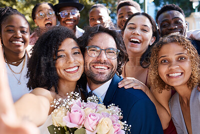 Buy stock photo Wedding, selfie and happy friends and family celebrating love of groom and bride at a ceremony or event. Group, portrait and excited smiling people taking picture or photo with newlyweds outdoors