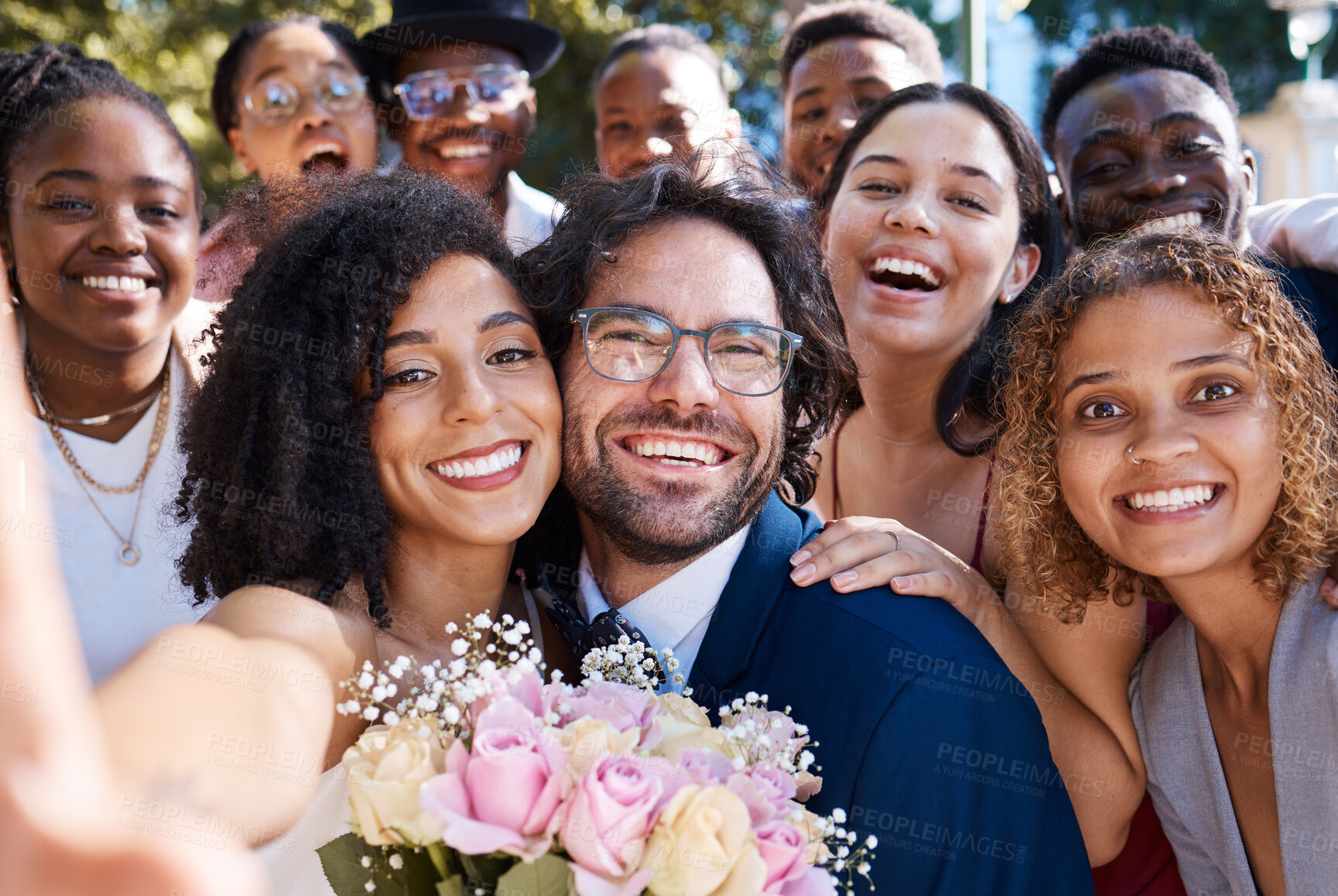 Buy stock photo Wedding, selfie and happy friends and family celebrating love of groom and bride at a ceremony or event. Group, portrait and excited smiling people taking picture or photo with newlyweds outdoors