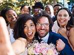 Friends, bride and groom with wedding selfie for outdoor ceremony celebration of happiness, love and joy. Marriage, happy and interracial relationship photograph of togetherness with excited guests

