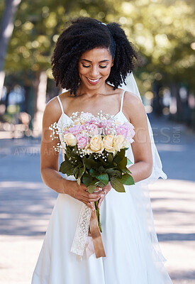 Buy stock photo Happy, wedding and smile with bride and flowers for beauty, celebration and spring event. Happiness, makeup and fashion with black woman and rose bouquet for marriage, party and outdoor ceremony 
