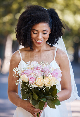 Buy stock photo Happy, wedding and smile with black woman and flowers for beauty, celebration and spring event. Smile, makeup  and fashion with bride and rose bouquet for marriage, party and outdoor ceremony 