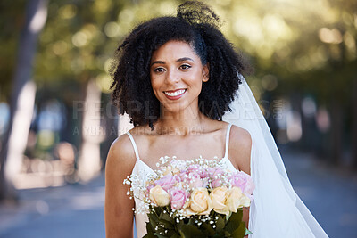 Buy stock photo Happy, wedding and smile with bride  and flowers for beauty, celebration and spring event. Happiness, makeup and fashion with black woman and rose bouquet for marriage, party and outdoor ceremony 