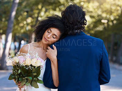 Buy stock photo Married couple, bride and groom hug with love, care and celebration in outdoor garden. Wedding, marriage and romance with calm support, trust and peace from partner, commitment union or relax at park