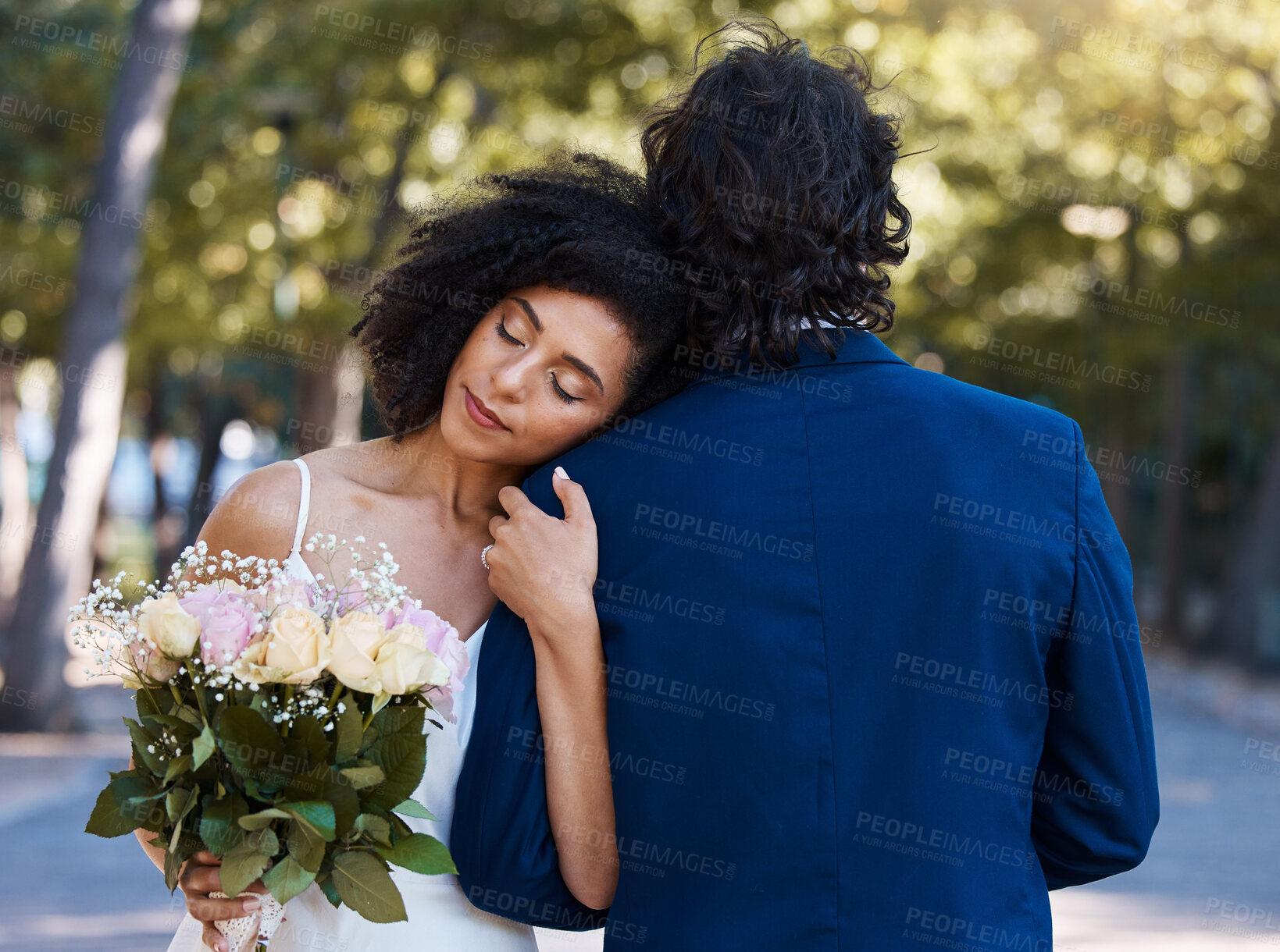 Buy stock photo Married couple, bride and groom hug with love, care and celebration in outdoor garden. Wedding, marriage and romance with calm support, trust and peace from partner, commitment union or relax at park