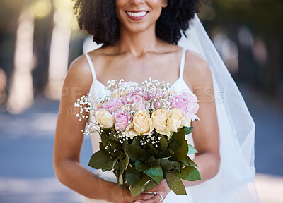 Buy stock photo Happy, wedding and smile with bride and flowers for beauty, celebration and spring event. Happiness, makeup and fashion with black woman and rose bouquet for marriage, party and outdoor ceremony 