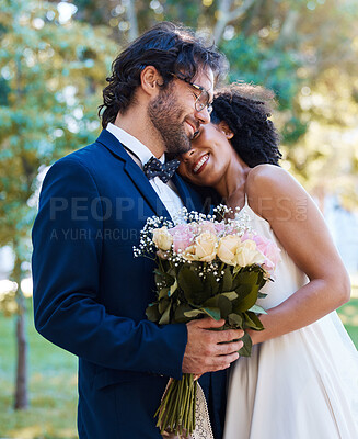 Buy stock photo Wedding hug, couple and bride marriage bouquet outdoor in a garden happy about love with flowers. Roses, happiness hug and woman with man at a commitment and care celebration with flower and smile 