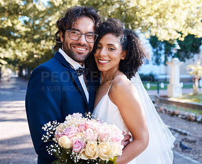 Buy stock photo Wedding, bride and groom portrait with flowers and hug at romantic outdoor marriage event celebration together. Partnership, commitment and trust embrace of interracial people with excited smile.