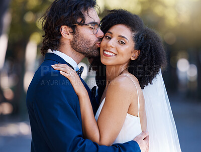 Buy stock photo Wedding bride and groom kiss portrait at romantic outdoor marriage event celebration together. Partnership, commitment and trust embrace of interracial people with excited and happy smile with bokeh