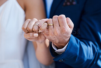Buy stock photo Hands, pinky promise and wedding ring of bride with groom for outdoor celebration of partnership, care and love. Marriage commitment and trust of interracial couple at event with togetherness zoom