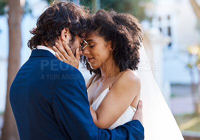 Buy stock photo Wedding couple, hug and love outdoor for marriage celebration event together with commitment. Happy interracial man and woman at park with trust, partnership and support with hands on partner face
