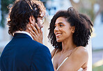 Interracial couple wedding, black woman and man with excited smile, happiness or future together. African bride, husband and diversity at outdoor marriage for love, embrace or eye contact in sunshine
