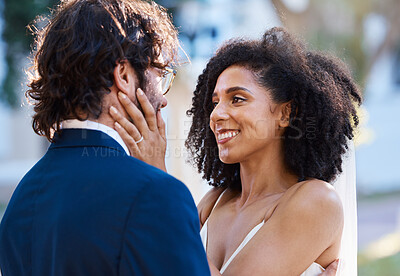 Buy stock photo Interracial couple wedding, black woman and man with excited smile, happiness or future together. African bride, husband and diversity at outdoor marriage for love, embrace or eye contact in sunshine