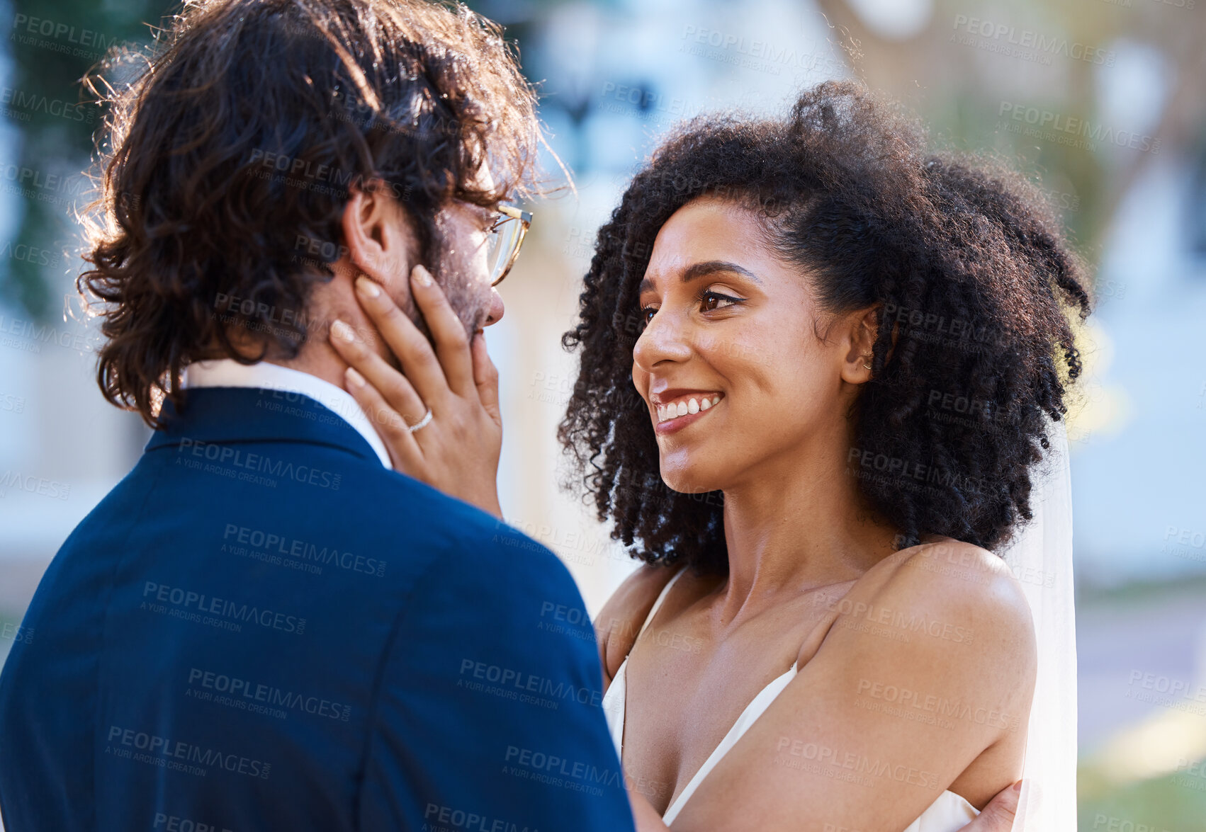 Buy stock photo Interracial couple wedding, black woman and man with excited smile, happiness or future together. African bride, husband and diversity at outdoor marriage for love, embrace or eye contact in sunshine