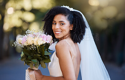 Buy stock photo Bride, face and black woman with wedding and rose bouquet, happy in portrait with marriage and commitment outdoor. Event, celebration and happiness with smile in park married and Spring fashion 