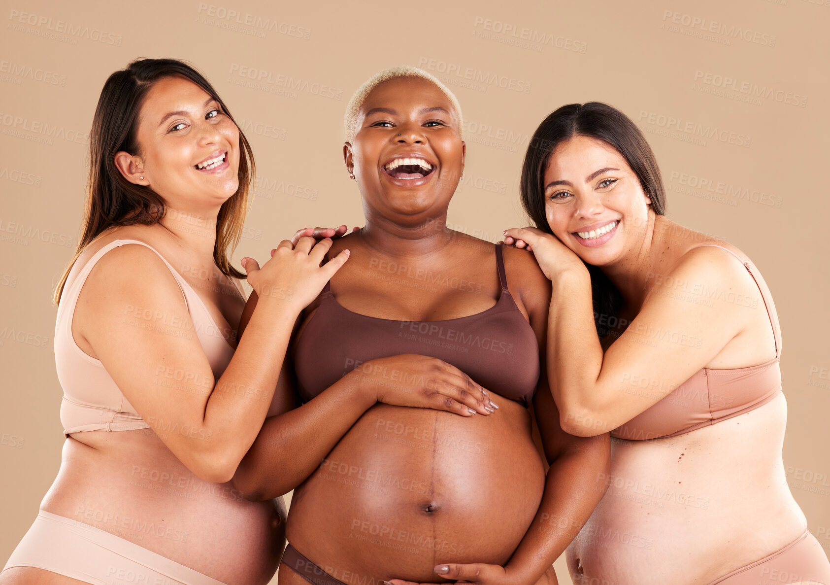 Buy stock photo Portrait, beauty and body with pregnant friends in studio on a beige background for diversity or motherhood. Family, love and pregnancy with a woman friend group showing their baby bump stomach