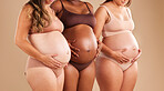 Pregnant body, women and touching stomach in support for community or diversity on a studio background. Pregnancy, friends or mothers in underwear for tummy growth, empowerment or healthcare wellness