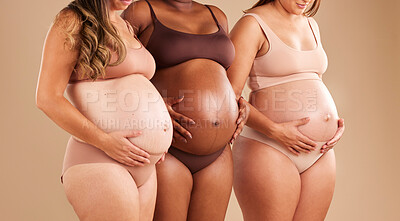 Buy stock photo Pregnant body, women and touching stomach in support for community or diversity on a studio background. Pregnancy, friends or mothers in underwear for tummy growth, empowerment or healthcare wellness