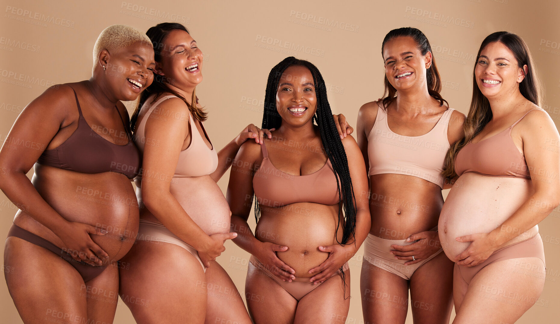 Buy stock photo Pregnancy body, portrait or laughing women on studio background in diversity empowerment, baby support or community. Smile, happy or pregnant friends in underwear with stomach in funny joke