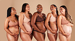 Pregnant body, portrait or laughing friends on studio background in diversity empowerment, baby support and community. Smile, happy or pregnancy women in underwear with stomach in funny or comic joke