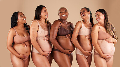 Buy stock photo Pregnant body, portrait or laughing friends on studio background in diversity empowerment, baby support and community. Smile, happy or pregnancy women in underwear with stomach in funny or comic joke