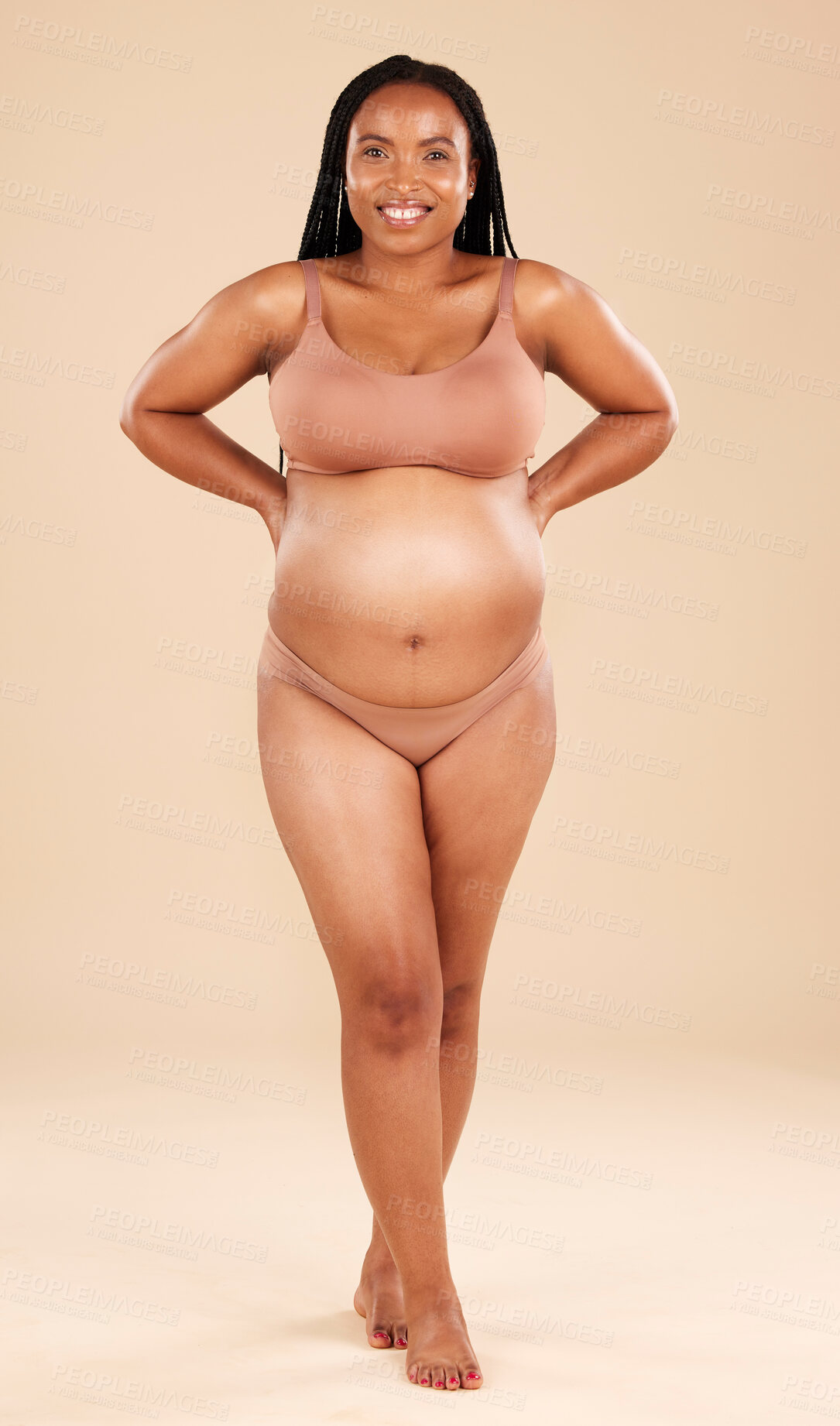 Buy stock photo Pregnancy portrait, underwear and studio woman with smile, happy and excited for baby, stomach growth or motherhood. Gynecology, maternity and pregnant African model with healthcare, love and hope