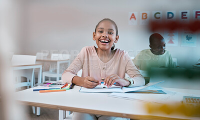 Buy stock photo Education, learning and portrait of child with smile in classroom for reading, writing and math in Montessori school. Books, students and happy girl at desk with fun notebook studying for future exam
